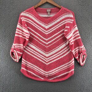 Chico's Pink and White V-Neck Sweater